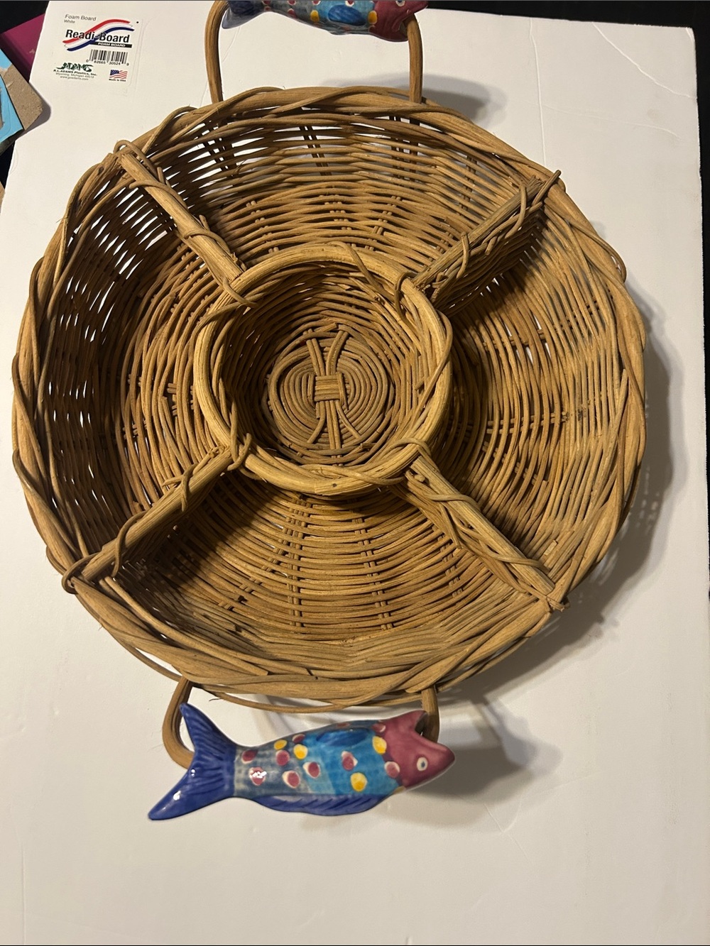 Woven Rattan Divided Serving Tray with Colorful Fish Handles - Tan